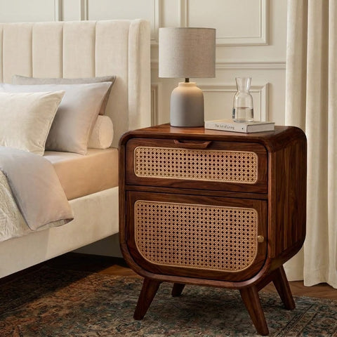 Solid Sheesham wood nightstand with two storage drawers for bedroom