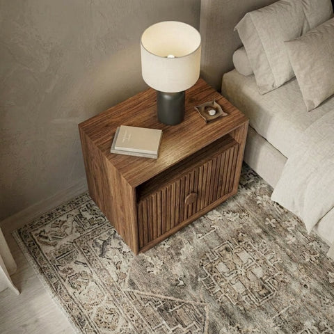 Solid Sheesham wood nightstand with vertical slat storage