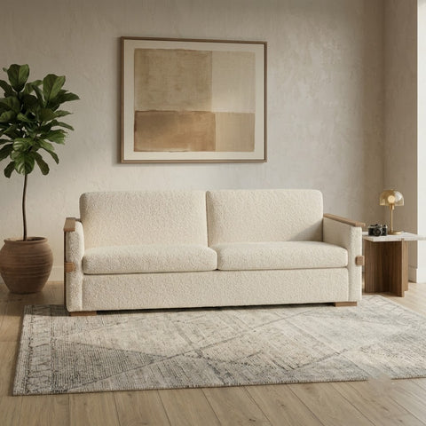 Solid Sheesham wood sofa with cream boucle upholstery for living room