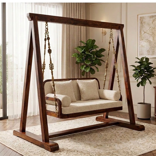 Solid Sheesham wood wooden jhula with Crème Boucle cushioned seat