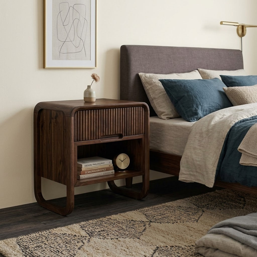 Solid Sheesham wood wooden nightstand with open shelf for bedroom