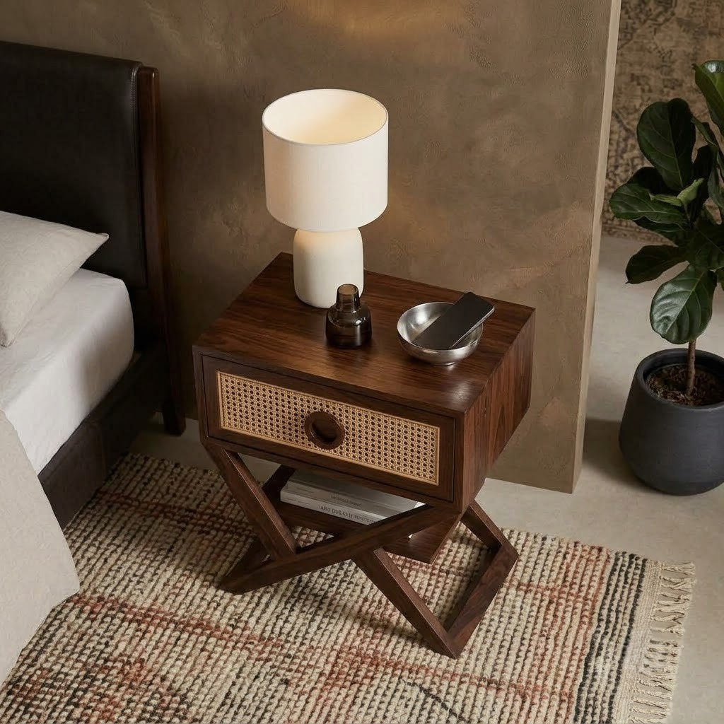 Solid Sheesham wooden nightstand with open shelf for bedroom