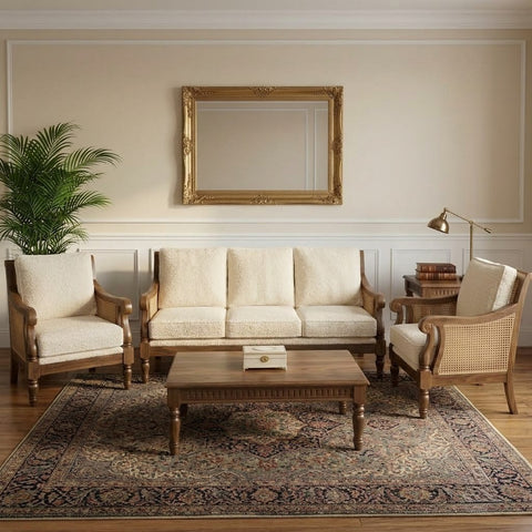Solid Sheesham wooden sofa set with Crème Boucle upholstery