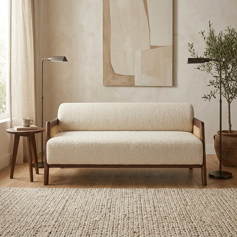 Solid Sheesham wooden three-seater couch with textured boucle upholstery