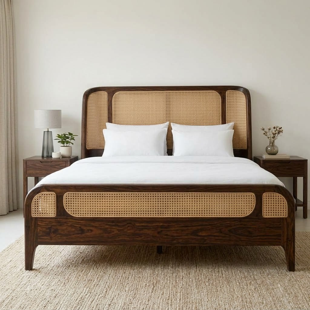 Solid Wood Cane Bed in Walnut Finish, King Size | PRITI