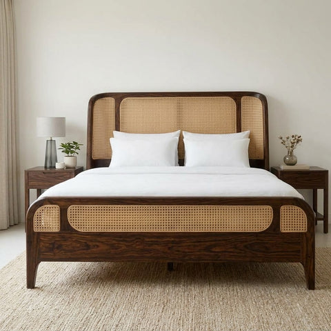 Solid Wood Cane Bed in Walnut Finish, King Size | PRITI