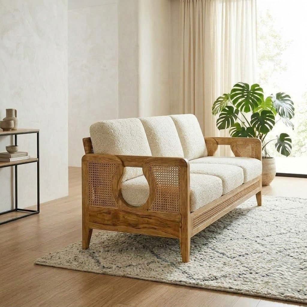 Solid Wood Cane Sofa for Living Room – Cream Boucle