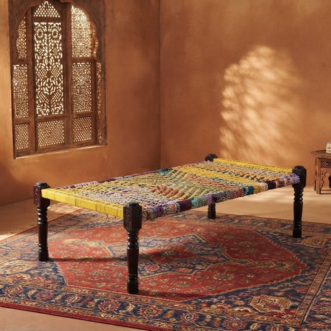 Solid Wood Charpai with Vibrant Cotton Rope Weave