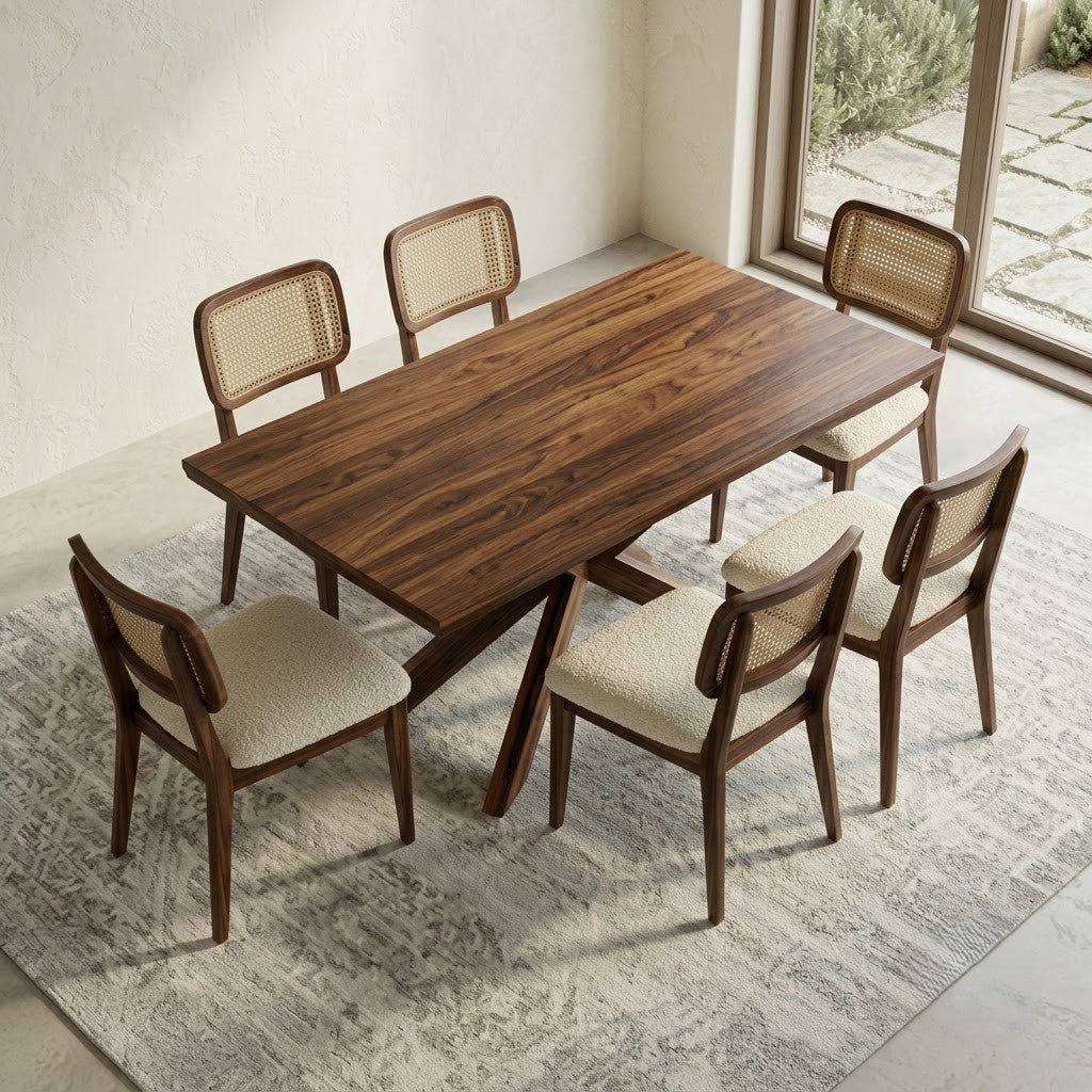 Solid Wood Dining Table Set with Textured Boucle Seating