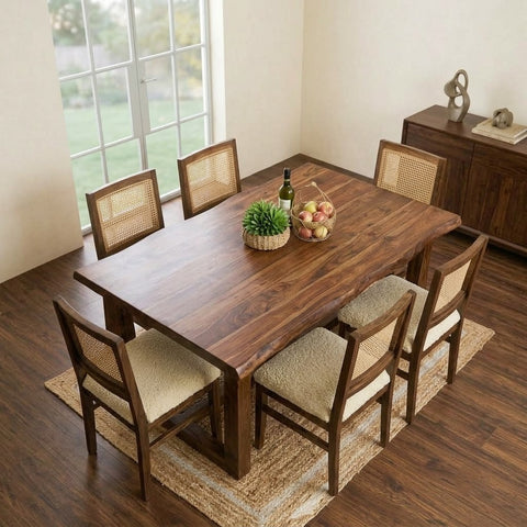Solid Wood Live Edge Dining Table Set with Crème Boucle Cane Chairs