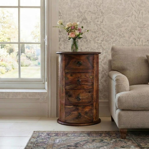 Solid Wood Storage Side Table | Round Bedside Table with Drawers
