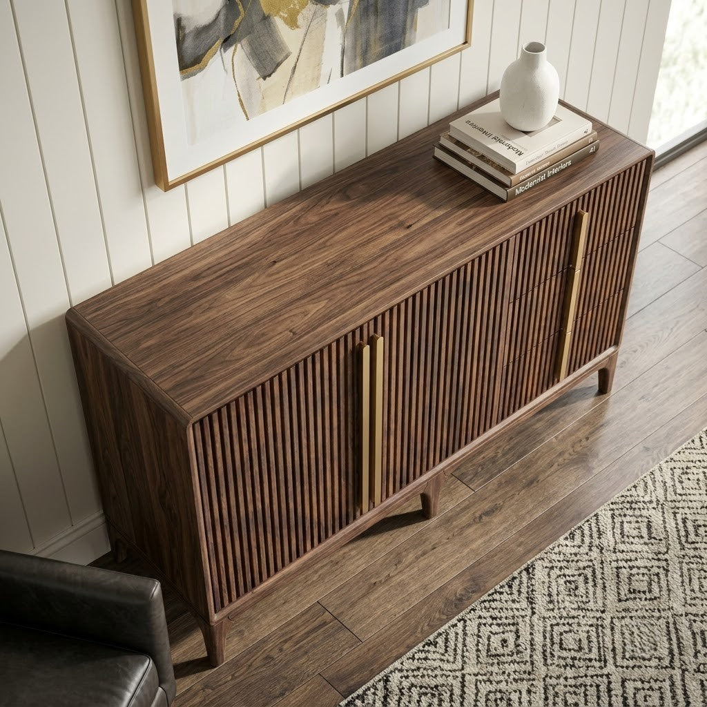 Solid Wood Walnut Finish Sideboard for Living Room