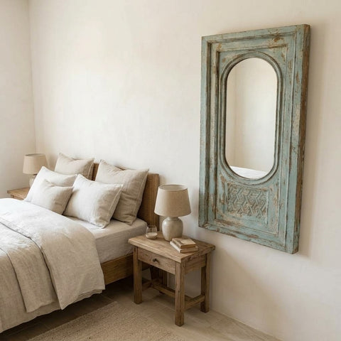 Solid mango wood decorative mirror with vintage blue finish