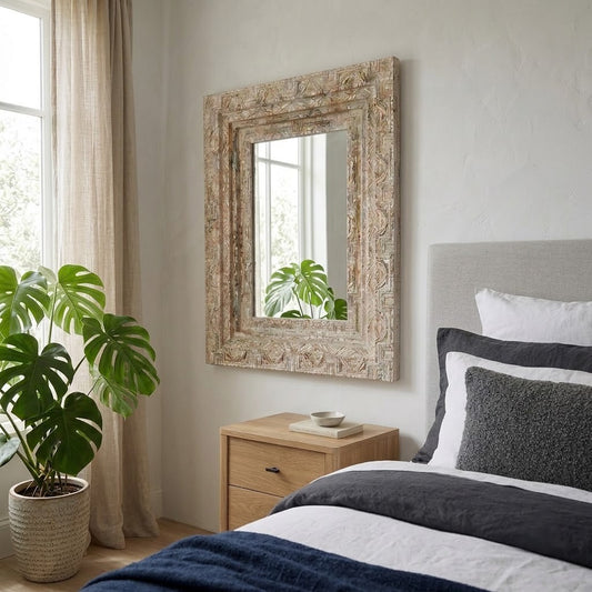 Solid mango wood wall mirror with rustic distressed natural finish