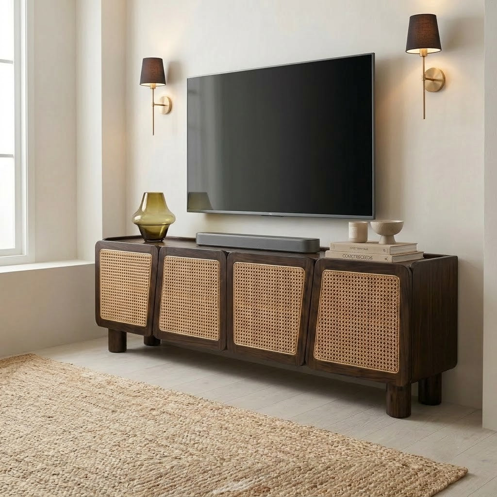 Solid wood TV console styled in modern living room