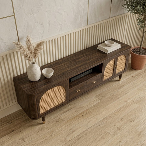 Solid wood entertainment unit with cane storage cabinets in Dark Walnut finish
