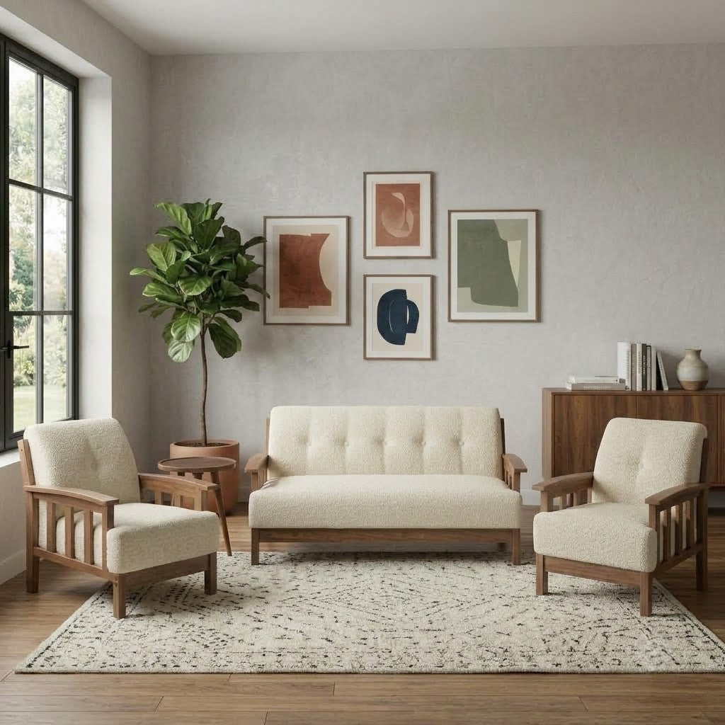 Solid wood five-seater sofa set with cream boucle upholstery