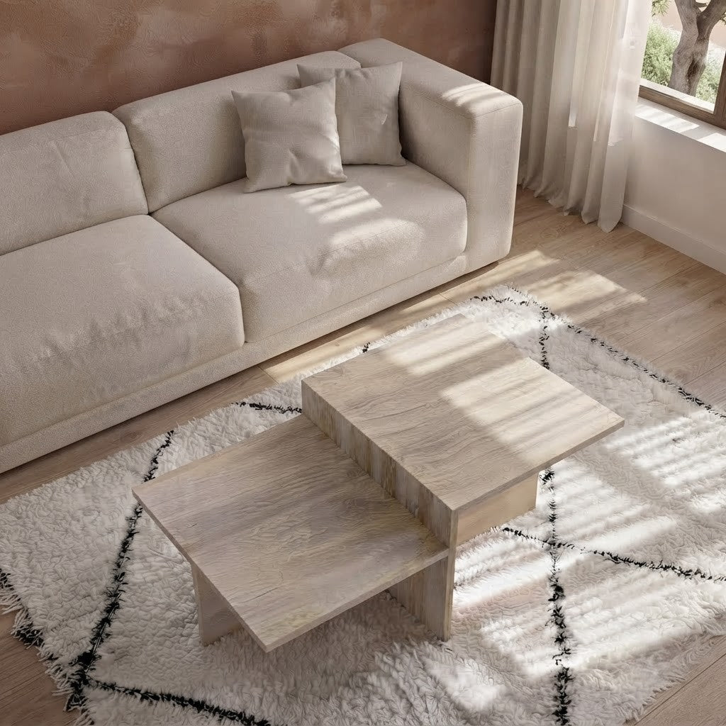 Split-level travertine coffee table styled on a Moroccan diamond rug