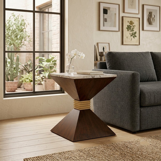 Square Marble Side Table with Pyramid Wood Base | PRITI