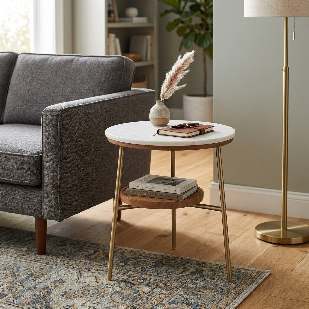Steel & Marble 2-Tier Side Table | PRITI Small Corner Table for Home & Office