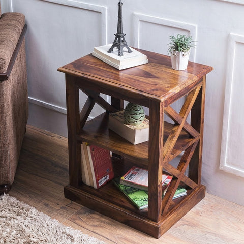 Tall Wooden End Table with Storage Shelves | Sheesham Sofa Side Table