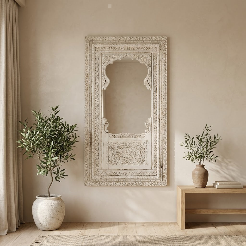 Tall white washed wooden mirror for bedroom and living room decor