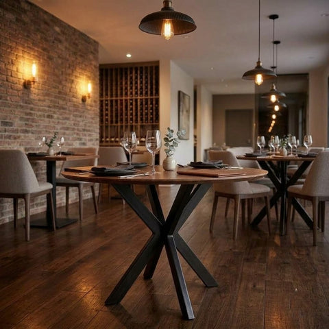 Teak Wood Cafe Table with Black Metal X Legs | PRITI