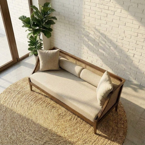 Teak finish wooden cane sofa for modern living room