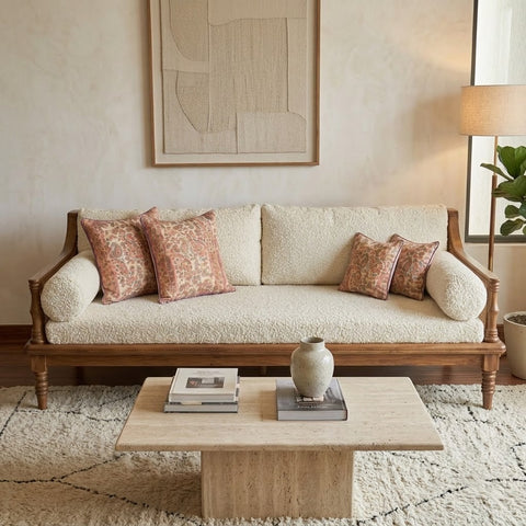 Teak three seater diwan with boucle upholstery for living room