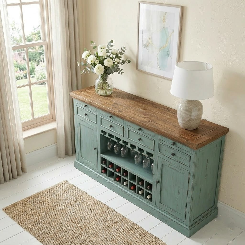 Teal Distressed Wooden Drink Cabinet Bar Counter | PRITI Home Bar Furniture