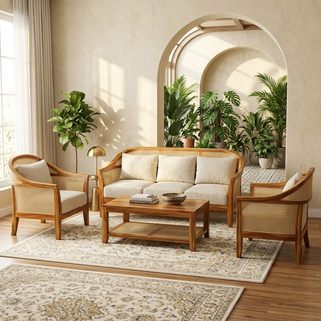 Three seater Mango wood sofa with two armchairs
