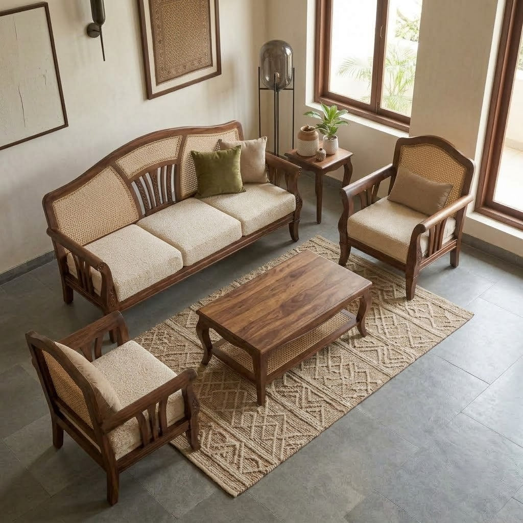 Three seater sofa with two matching boucle armchairs