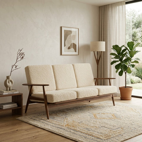Three seater teak wooden sofa with crème boucle upholstery