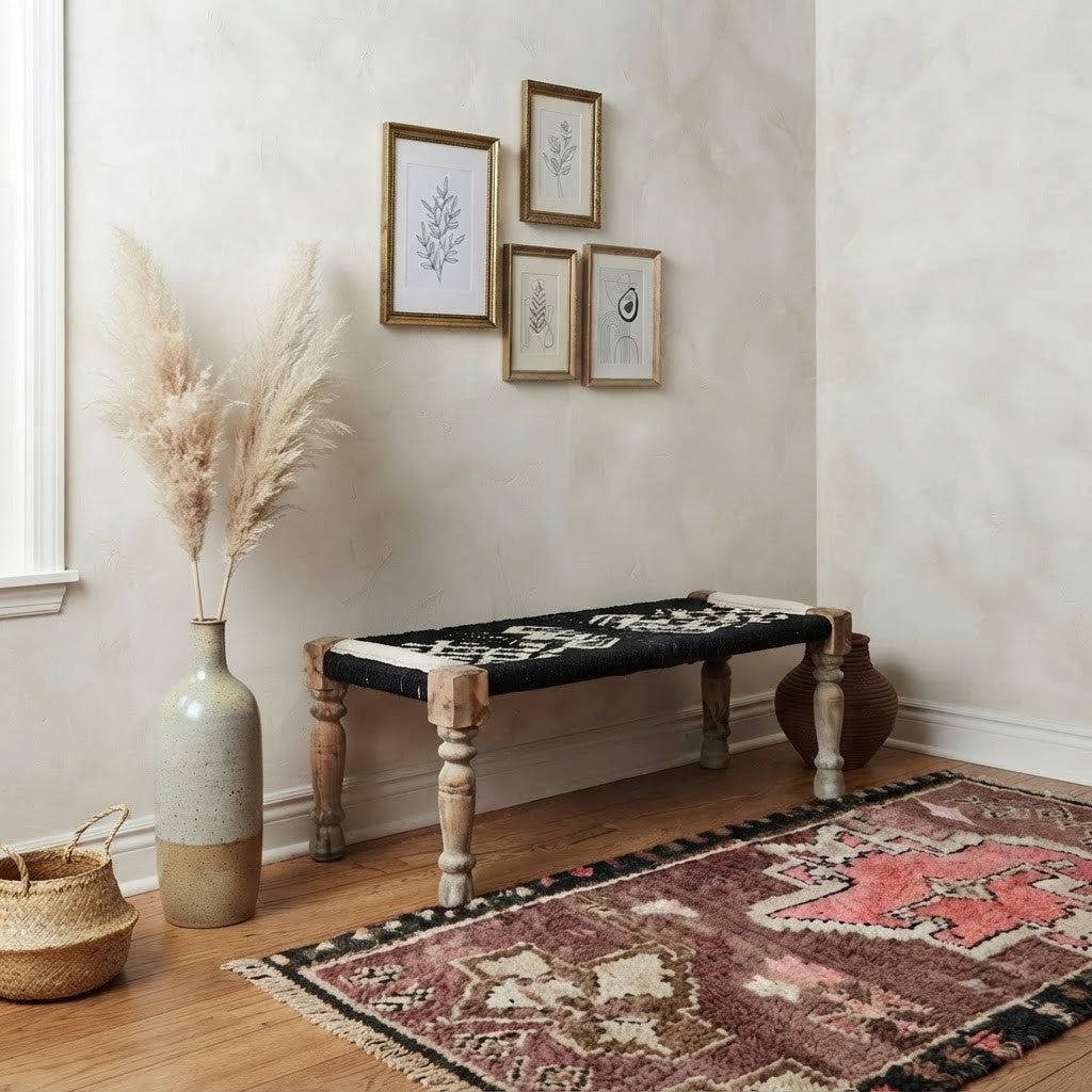 Traditional Rope Charpai Bench with Natural Wood