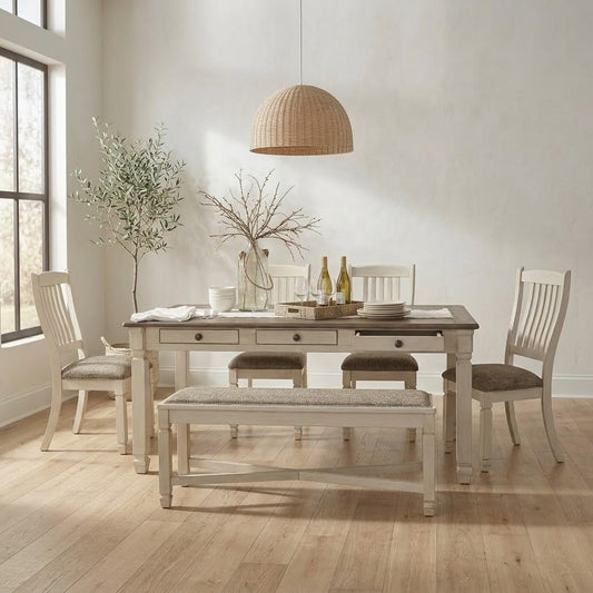 Traditional rectangular dining table set with neutral upholstered seating