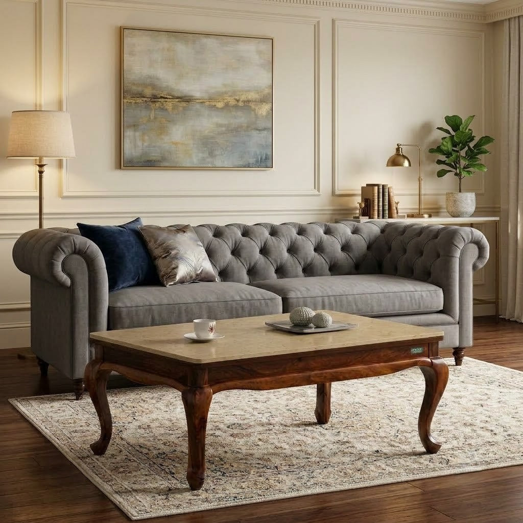 Traditional wooden coffee table with elegant engineered marble surface