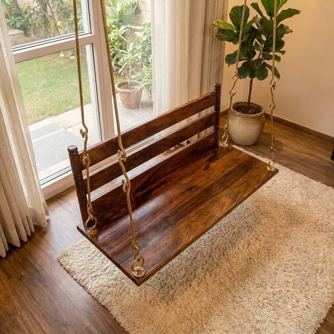 Traditional wooden hanging swing in Sheesham wood with Honey finish