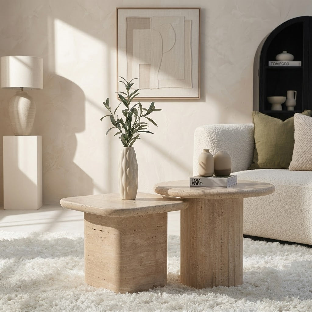 Travertine nesting coffee tables styled with vase and books