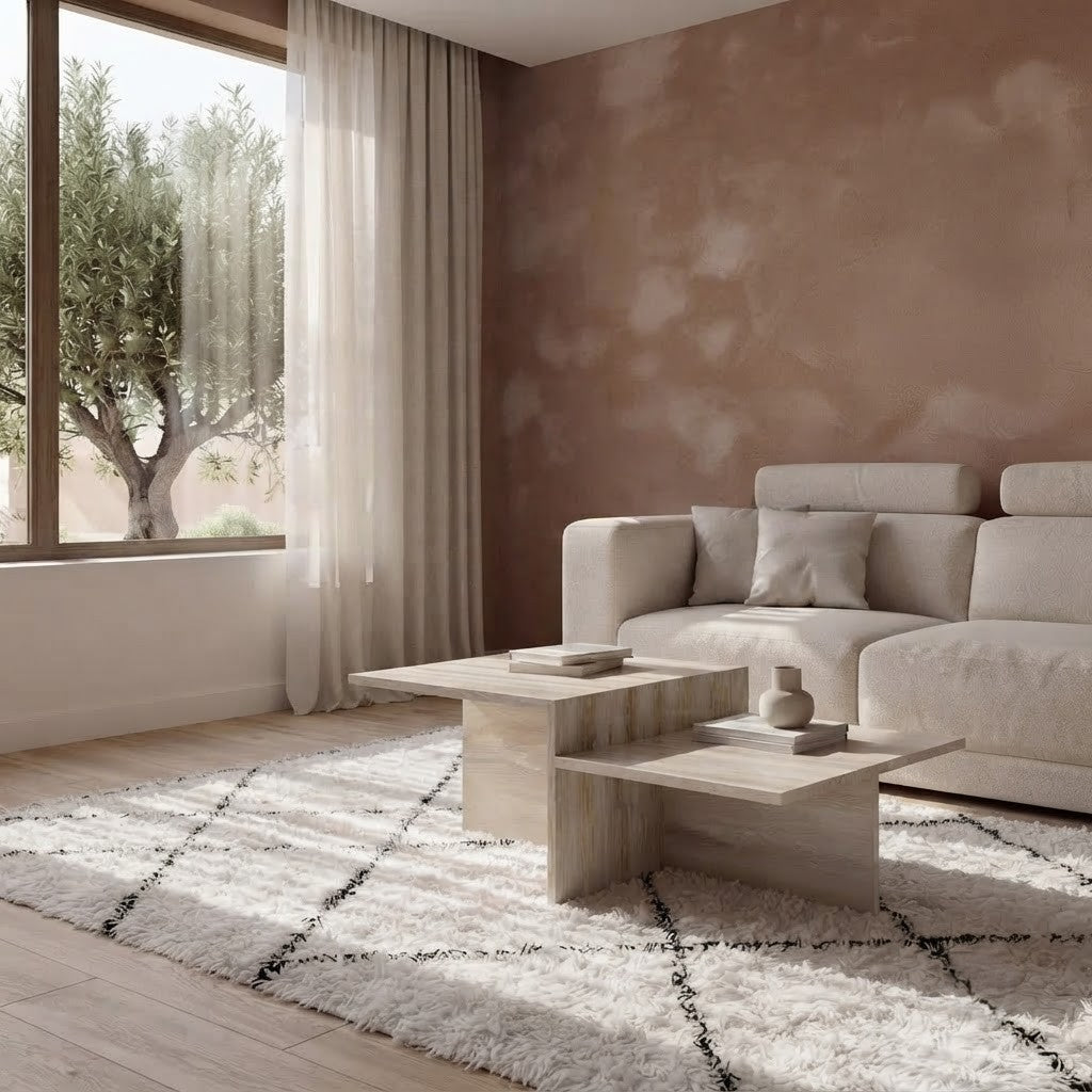Two-tier travertine coffee table shown with sofa and sheer curtains