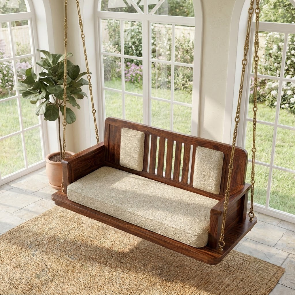 Two seater luxury swing for living room with boucle upholstery