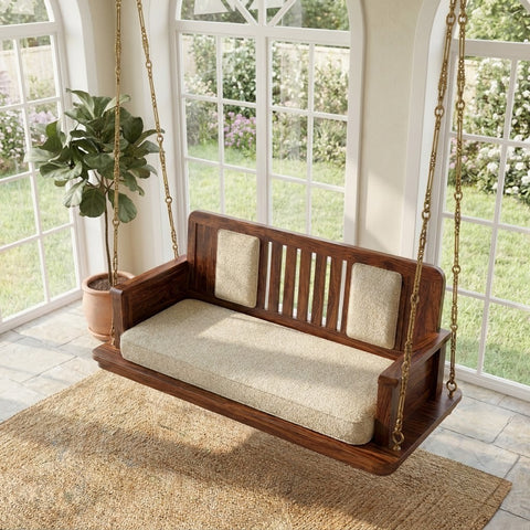 Two seater luxury swing for living room with boucle upholstery