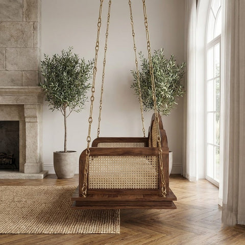 Two seater wooden Jhula with crème boucle seat for stylish home interiors