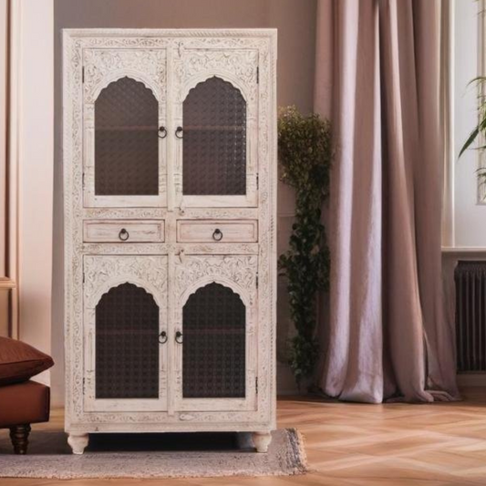 Eagle Wooden Carved White Cabinet