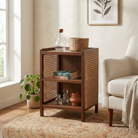 Vintage Wooden Side Table with Cane Detailing | PRITI Teak Wood Furniture