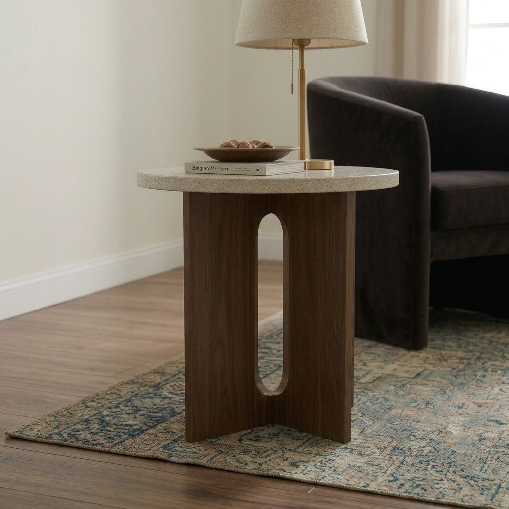 Walnut Brown Wooden End Table | Round Side Table by PRITI
