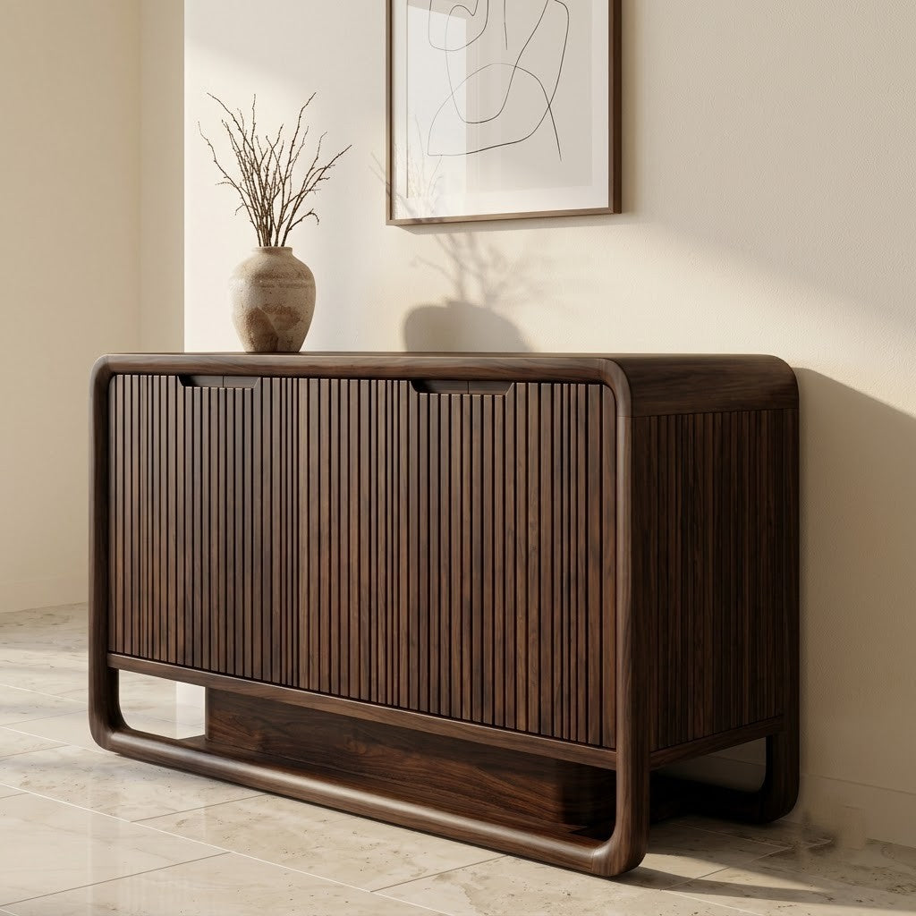 Walnut Finish Ribbed Wood Sideboard with Open Base Shelf | PRITI