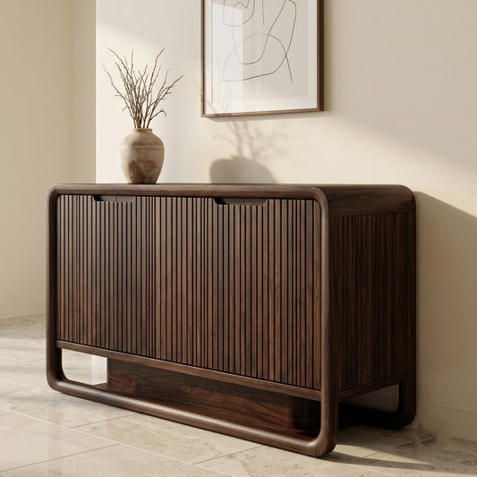 Walnut Finish Ribbed Wood Sideboard with Open Base Shelf | PRITI