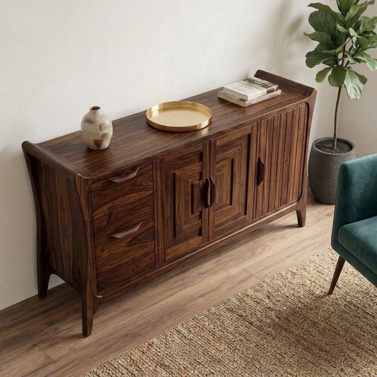 Walnut Finish Sideboard with Mixed Wood Panel Design | PRITI