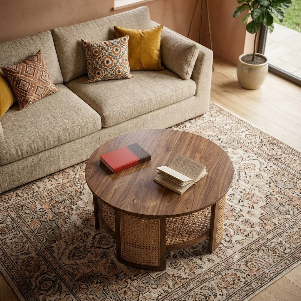 Walnut finish Sheesham Wood center table with woven cane panels