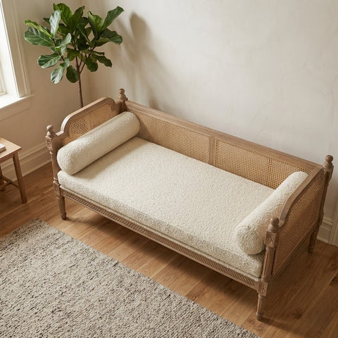 Warm brown Mango Wood sofa with cream textured upholstery